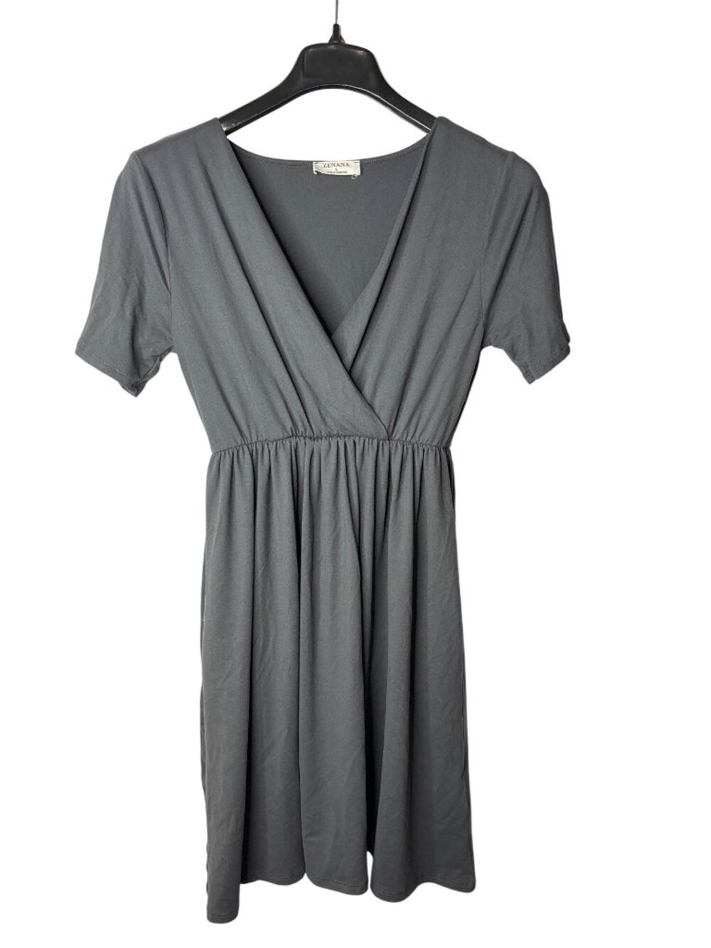 Zenana Knee Length Fit & Flare Dress Size L Crossover V Neck Grey